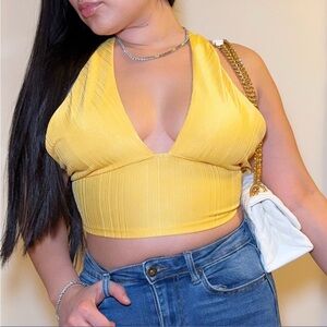 Yellow Cross-Back Top with White Quilted Bag